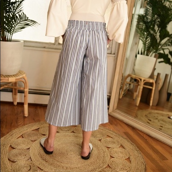 MISA Camden Pleated Stripe Wide Leg Culotte Pants in White Blue - Picture 6 of 14